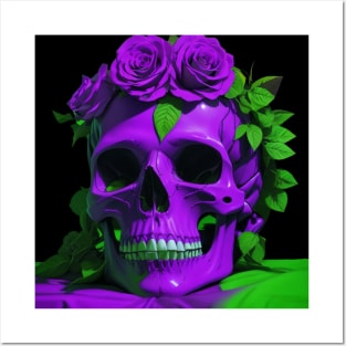 Gothic Elegance Meets Urban Flair: Green and Violet Skull Aesthetic with Roses Posters and Art